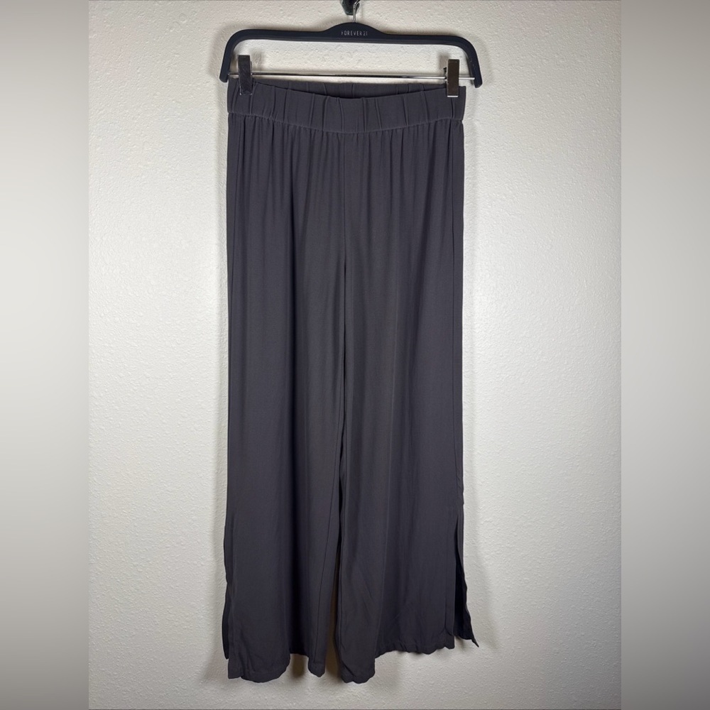 Eileen Fisher Dark Gray Silk Wideleg Flowy Cropped Pants XXS Pull On Leg Slits